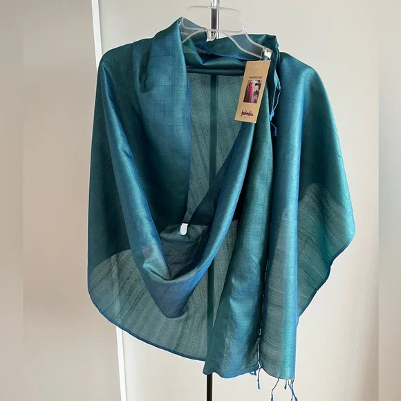 NWT Fabindia Handwoven 100% Silk Wrap Dupatta Stole Scarf Turquoise Teal Blue